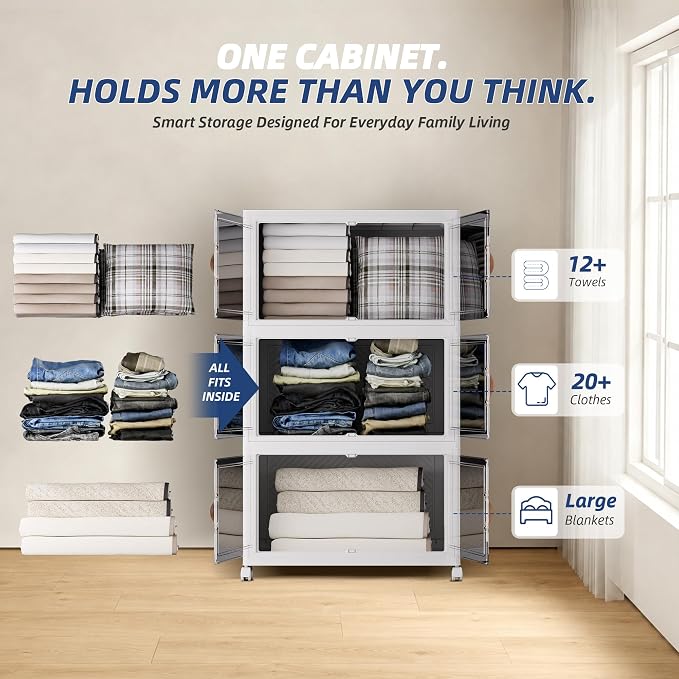 SAILUN 108QT/27Gal Stackable Storage Bins with a Lid, Collapsible Storage Bins With Doors, Folding Cabinet for Home Closet Organization,3 Pack-17.7" W x 11.8" D x 30.3" H White - Image 5