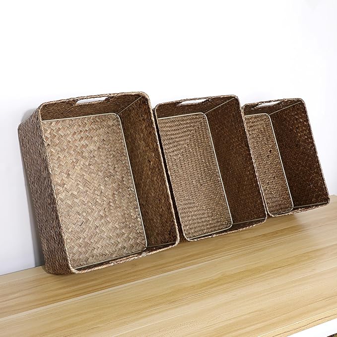Hipiwe Wicker Storage Baskets Bin for Shelf Rectangular Seagrass Basket | Handwoven Opened Baskets Bin with Handle, Decorative Basket Box for Closet Bedroom Organizer - Image 6