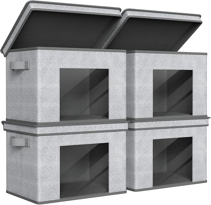 Univivi Fabric Storage Bins with Lids for Closet, 4 Pack, Grey | Fabric Foldable Storage Boxes, Sturdy Collapsible Storage Bins with Clear Window, Storage Bins for Home, Closet, Shelves by Univivi