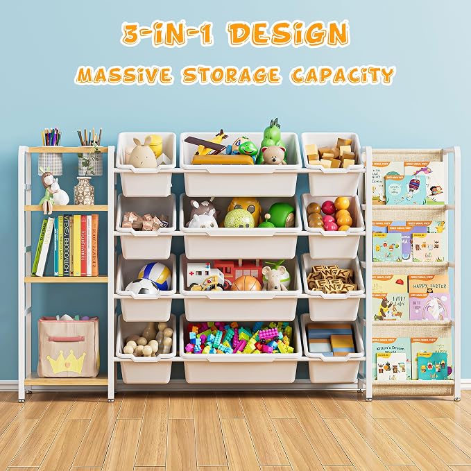 Toy Storage Organizer with 4-Tier Bookshelf, 57" Extra Wide Kids Toy Storage Shelf with 12 Bins, Large Metal Kids Bookcase for Playroom Organization and Nursery Room Decor, White - Image 4