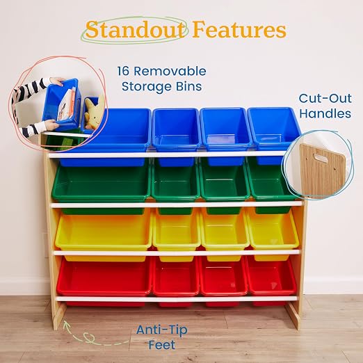 ECR4Kids 4-Tier Organizer with 16 Bins, Toy Storage, Natural/Primary | Durable plastic bins, MDF panels, steel frame, GREENGUARD Gold Certified, 60 lb capacity, anti-tip kit, playroom/classroom - Image 6