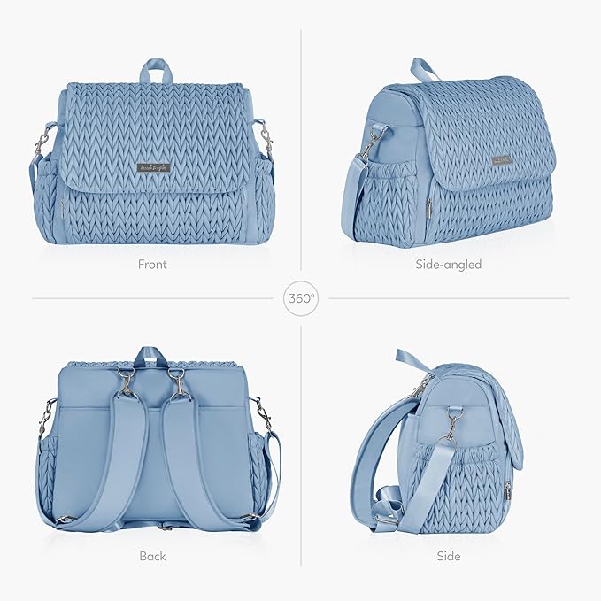 Hannah & Sophia Belle Convertible Baby Diaper Backpack & Bag in Moonmist Blue, Large Size, Dual Sided Water Resistant Changing Mat Included, Detachable Shoulder Straps, Easy To Use | Waterproof Changing Pad, Spacious, Multiple Pockets & Insulated Bottl... - Image 4