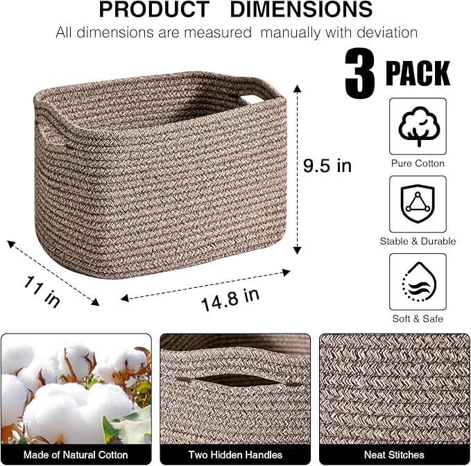 Storage Baskets for Organizing Shelves, Woven Cotton Rope Bins for Organization, Dog Toy Organizer for Shelf Living Room Bedroom, 14.8"×11"×9.5", Pack of 3, Dark Brown - Image 2