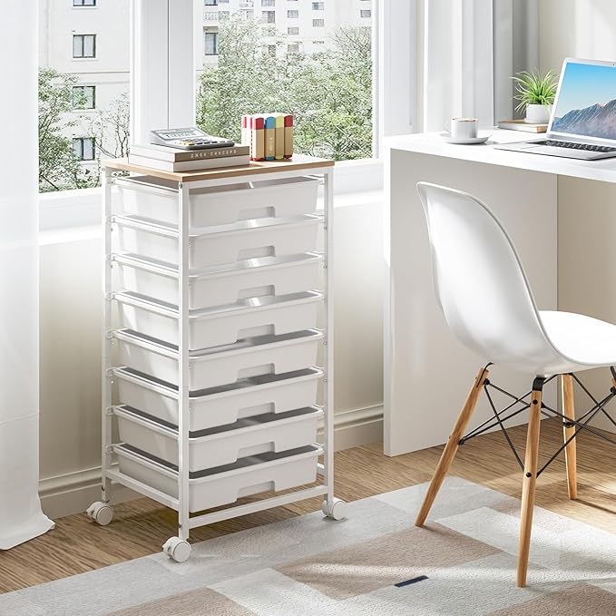 TOOLF Rolling Storage Cart with 8 Drawers,White | Utility Cart on Wheels with Wooden Tabletop,Teacher Organization for Classroom, Art Cart for Office,Bedroom,Craft Room - Image 8