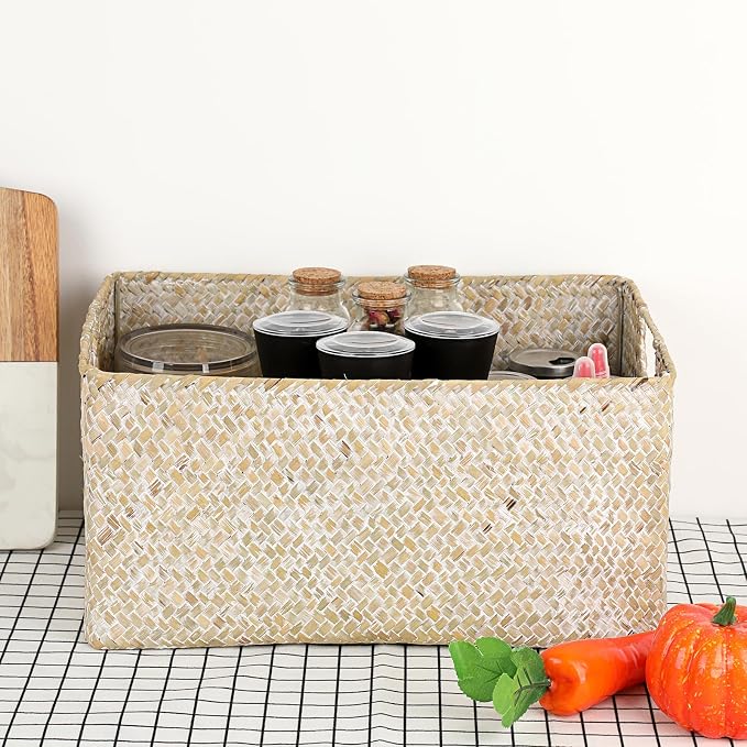 Hipiwe Wicker Shelf Baskets Seagrass Storage Opened Baskets Bin with Handle | Rectangular Closet Bedroom Basket Organizer Box, Multipurpose Woven Basket Home Organizer, Whitewash 14.6"x 10.6" x 7.1" - Image 4