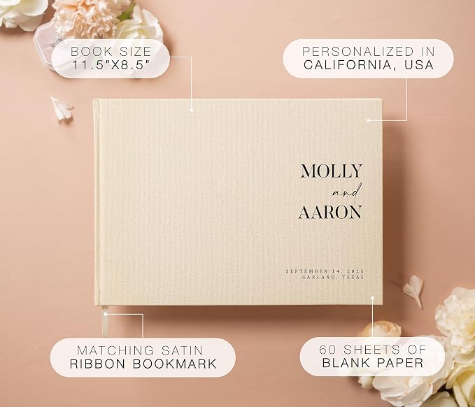 Personalized Guest Book - 11.5" x 8.5" Premium Custom Guest Signing Book with Bookmark and Blank Pages for Wedding Reception Table Decoration Engagement Birthday Party Event, Cream - Image 2