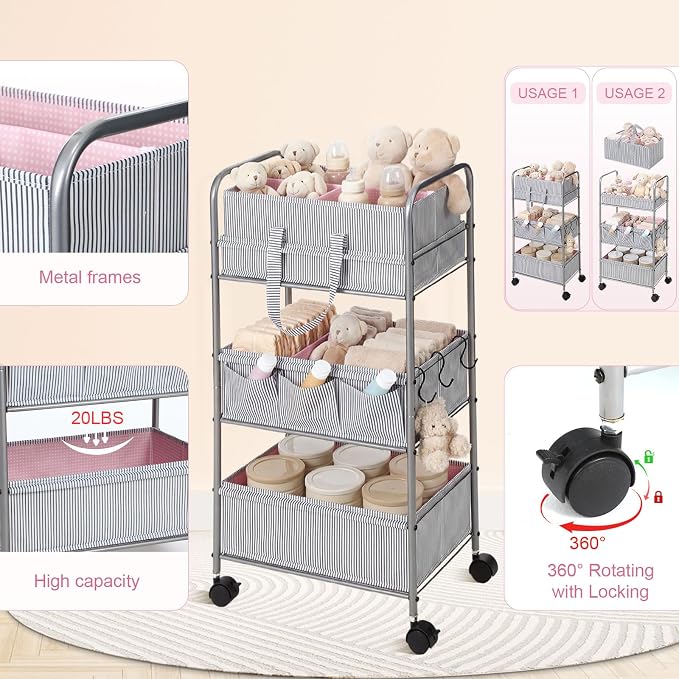 WILLBOND 2 in 1 Baby Diaper Caddy Organizer Cart, 3 Tier Large Stripe Bedside Rolling Cart Metal for Baby Essential with Divider for Newborn Registry Must Have Nursery Bedroom Mother Gift(Pink) - Image 3