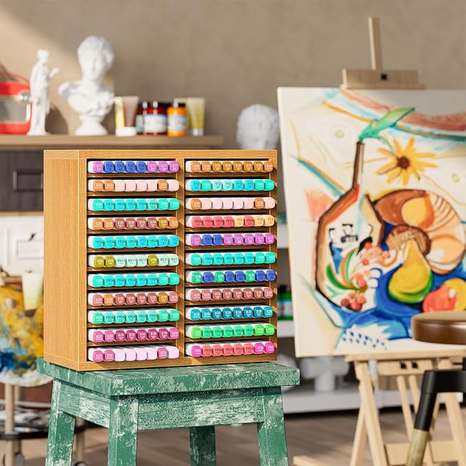YMYNY Wooden Marker Organizer,Natural Wood Color11.81*5.31*11.81"HMR001N | Desktop Storage Hold 176 Markers,Pens,Pencils,Art Brushes Stationary Organizer Pencil Holder with 22 Compartments for Home - Image 7