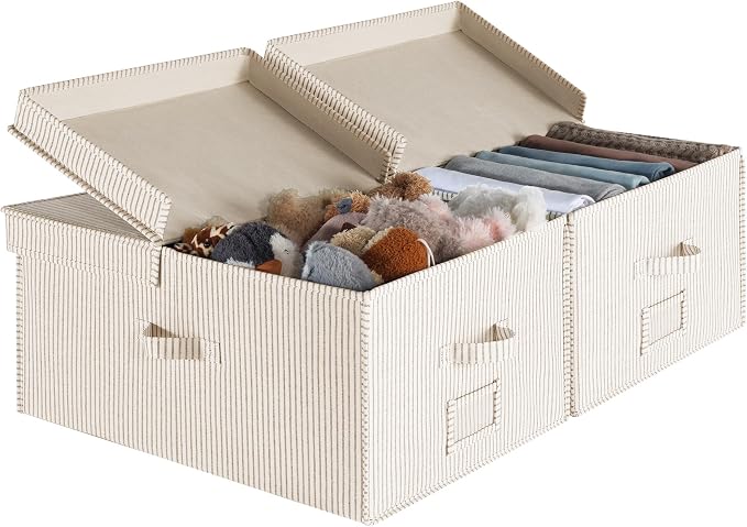 StorageWorks Extra Large Storage Bins with Lids, 55L Decorative Organizer with Divider Board, Fabric Boxes with Handles, Khaki and Beige Stripes, 2-Pack by StorageWorks
