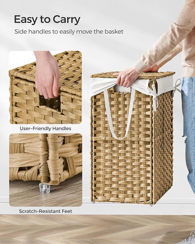 SONGMICS Laundry Hamper with Lid, 23.8 Gallon (90 L) Synthetic Rattan Clothes Laundry Basket with Lid and Handles, Foldable, Removable Liner, Goose Yellow ULCB51NL - Image 4