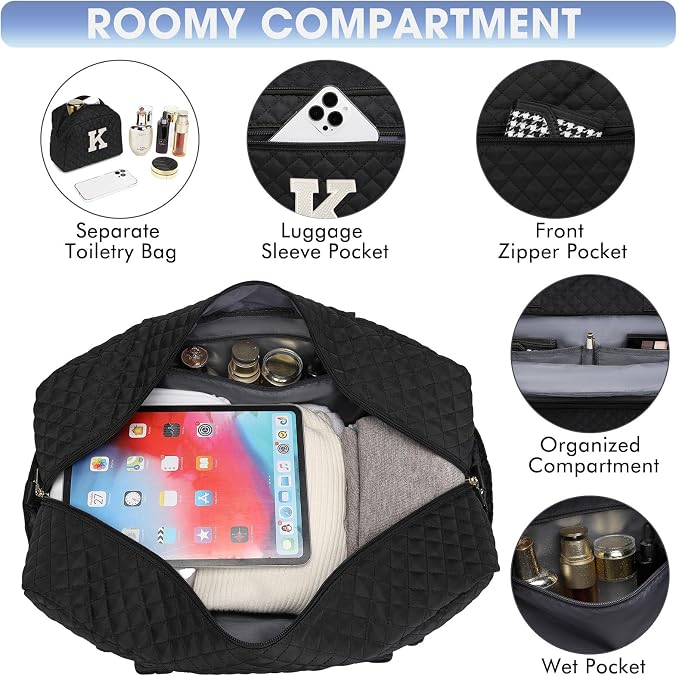 Initial Travel Duffle Bag for Women - Black Personalized Weekender bags Overnight Bag with Shoe Compartment & Wet Pocket Weekend Tote Bags with Toiletry Bag Monogram Christmas Gift (Letter K) - Image 2