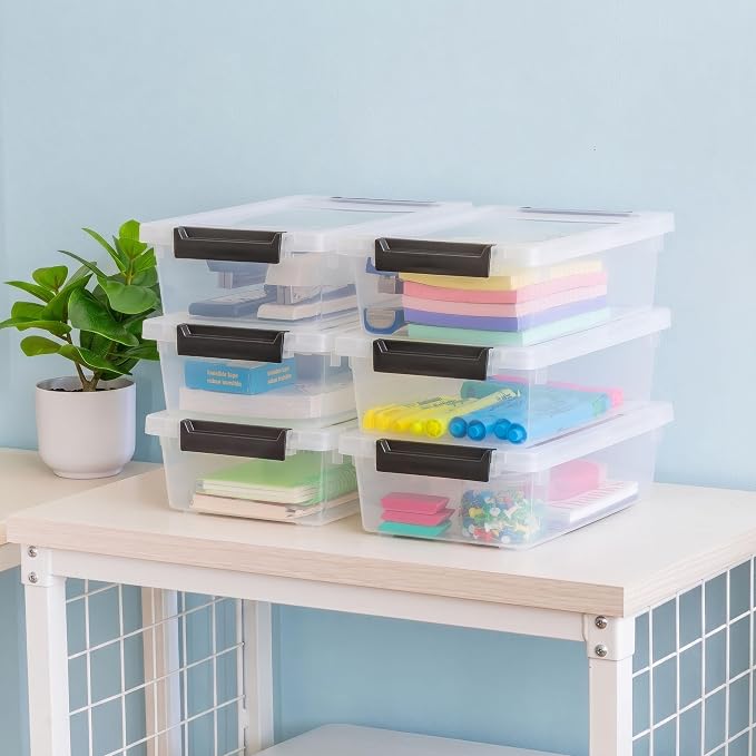 IRIS USA Storage Bins with Lids |Made in USA| 2 Qt - (6-Pack) - Clear/Black | Sensory Craft Organizers, Plastic Clip Box Totes, Flat Containers for Organizing Paper, Office, Art & Study Supplies - Image 2
