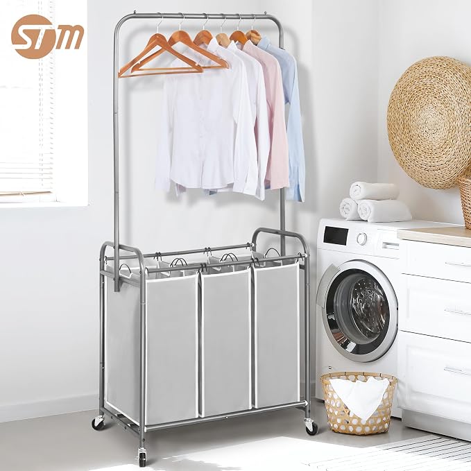 STORAGE MANIAC 136L Laundry Sorter with Hanging Bar, Portable, Removable Laundry Hamper Cart with Heavy Duty Rolling Lockable Wheels and Removable Bags, Rolling Laundry Basket Organizer, 3 Section - Image 2