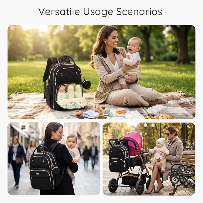 Large Diaper Bag Backpack with Changing Pad & Pacifier Case, Black | Multi-functional lightweight waterproof maternity & toddler travel backpack. Insulated, wet/dry pocket & stroller straps - Image 3