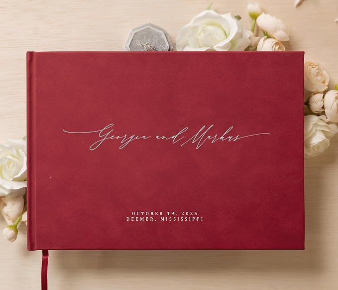 Personalized Guestbook in Red - Premium Custom Modern Guest Book for Wedding Reception, Birthday Party or Events w/Bookmark Blank Pages for Signing 11.5 x 8.5 inches - Image 2