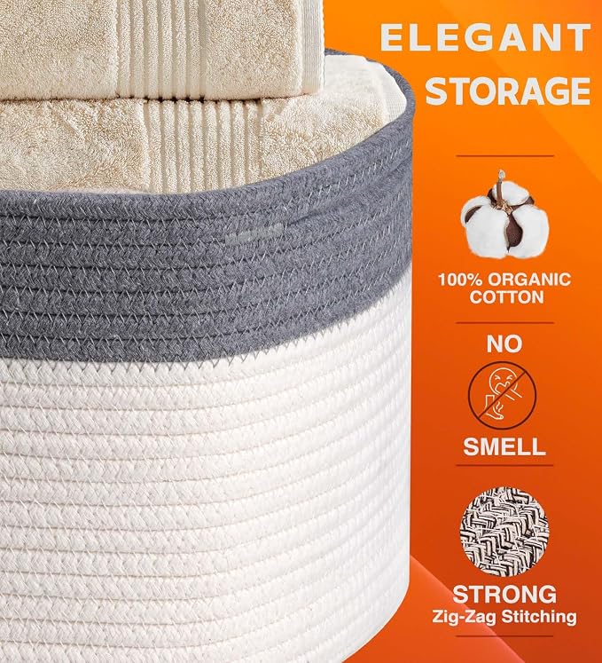 CHAT BLANC Cotton Rope Baskets for Organizing, Shelves, Toys, Storage, Shoe, Bathroom, Laundry, Towel, Nursery, Home Decor, Blanket, Cloth Woven Bins Fabric (Dark Gray & Creamy White7, 15"x10"x9") - Image 2