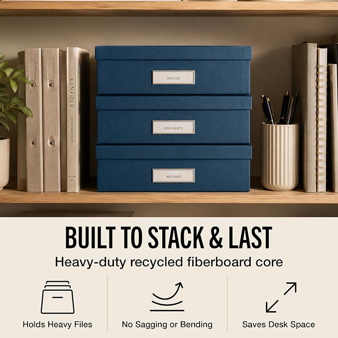Bigso Box of Sweden Oskar Fiberboard Label Frame Document Letter Box | File Organizer for Important Paperwork | Document Storage with a Lid & Label Window | 3.3"x10.2"x13.8" | 3 Pack | Dark Blue - Image 3
