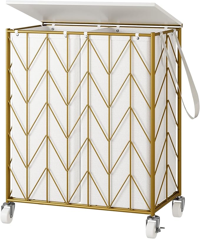 WOWLIVE Double Laundry Hamper with Lid, Rolling Laundry Basket with Wheels | Rolling Wire Clothes Hamper with Divided Removable Bags, Heavy Duty Large Iron-Made Laundry Sorter Laundry Room Organization by WOWLIVE