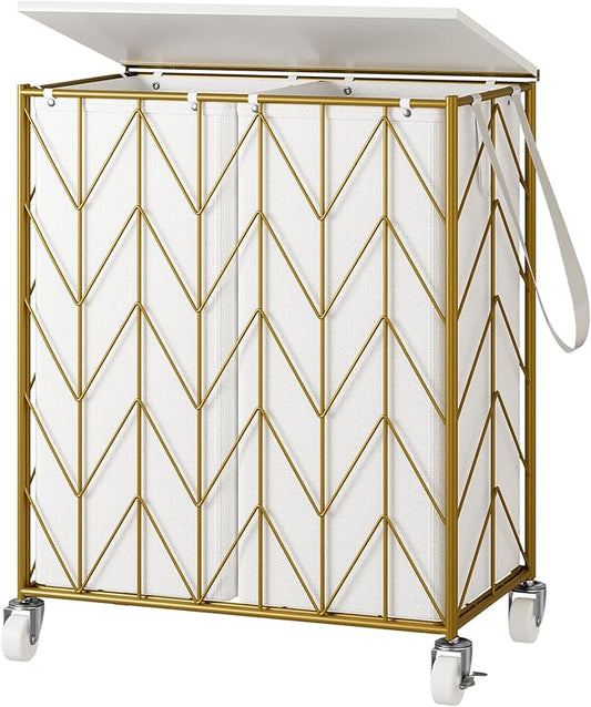 WOWLIVE Double Laundry Hamper with Lid, Rolling Laundry Basket with Wheels | Rolling Wire Clothes Hamper with Divided Removable Bags, Heavy Duty Large Iron-Made Laundry Sorter Laundry Room Organization by WOWLIVE