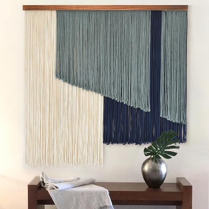 Jakalin Macrame Wall Hanging Boho Yarn Tassel Blue Modern Decor 39"x39" | Hand-dyed navy ombre, Wood dowel, Fringe tassels, Wall decor for living room, bedroom, apartment，Handmade yarn fiber deocr - Image 3