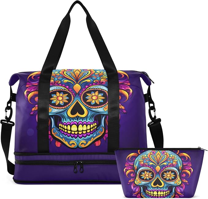 Travel Duffel Tote Bag Gothic Skull Sports Duffel Bag with Wet Pocket Weekender Overnight Bag for Women Men Gym Bag, Carry On Bag Hospital Bag for Labor and Delivery by MNSRUU