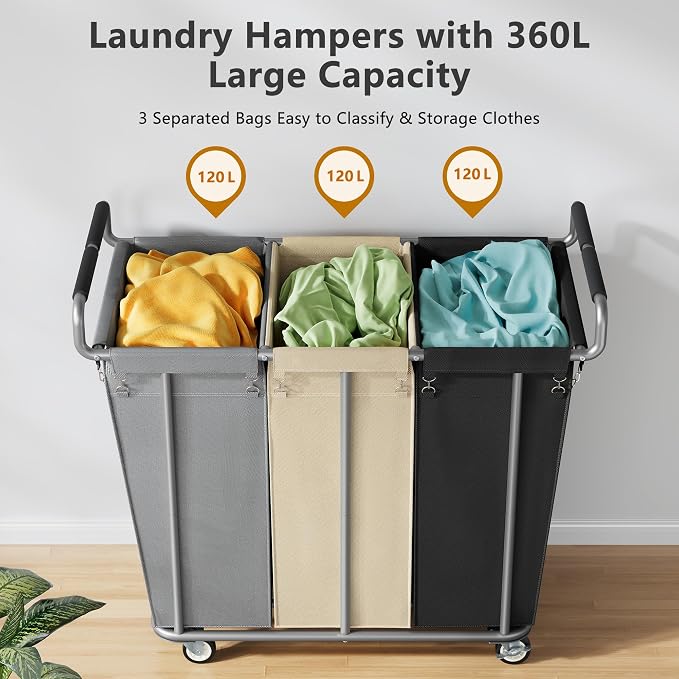 Gewudraw 3 Section Rolling Laundry Sorter Cart with Wheels, 360L | Commercial Laundry Cart Industrial, Large Laundry Basket Rolling Laundry Hamper with Handle for Bathroom, Bedroom, Hotel - Image 3