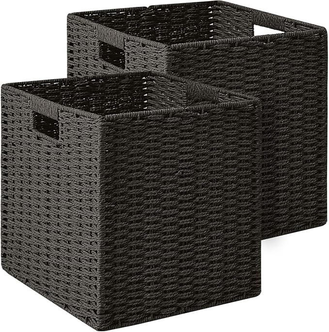 ICERZCZ Black Storage Bins, Wicker Storage Baskets for organizing, Paper Rope Woven Basket for Storage, 11 Inch Storage Cubes bin 11x11x11, 11"x10.25"x11", 2 Packs, Black by ICERZCZ