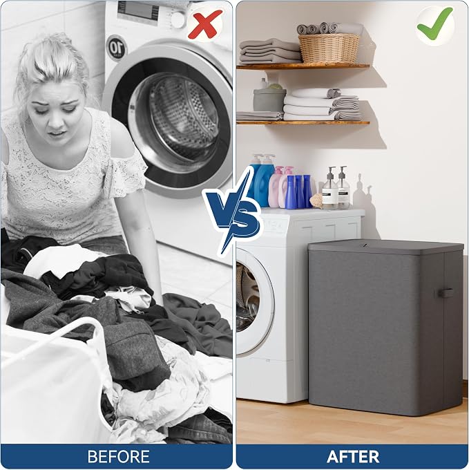 Dual Section 90 liter/23.8 gallon Laundry Hamper Separation Basket with lid, 2 Removable Washing Bags with Handles,Large Laundry Sorter for Easy Clothes Separation - Dark Gray - Image 6