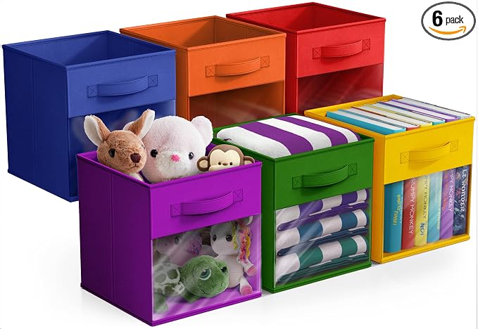 Sorbus 11 Inch Storage Bins with Clear Window - 6 Foldable Baskets for Organizing Clothes, Toys, Books - Sturdy Collapsible Fabric Storage Cubes with Handle - Storage Baskets for Shelves, Closets by Sorbus