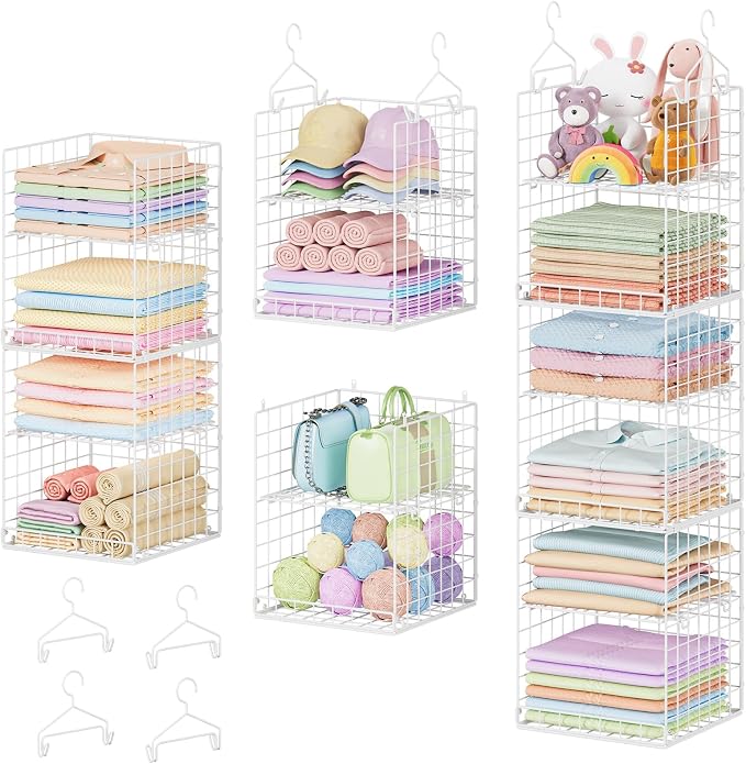 Yuyetuyo 6 Tier Raised-Height Hanging Closet Organizer, Stackable Sweater Organizer for Closet, Wire Storage Basket Bins for Clothes Purse Shoes, Hanging Shelves with 4 Hooks & 3 Dividers Adjustable by Yuyetuyo