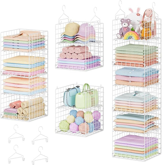 Yuyetuyo 6 Tier Raised-Height Hanging Closet Organizer, Stackable Sweater Organizer for Closet, Wire Storage Basket Bins for Clothes Purse Shoes, Hanging Shelves with 4 Hooks & 3 Dividers Adjustable by Yuyetuyo