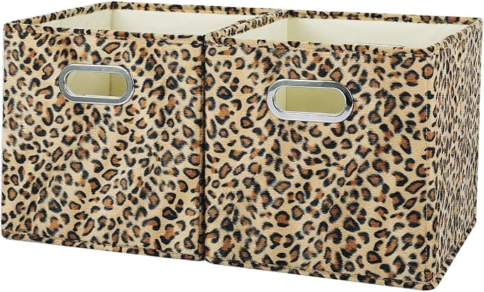 ANMINY Leopard Cheetah Print Storage Cubes Bins, Velvet, Brown, 11Inch 2PCS | Collapsible & Washable, PP Board Frame, Built-in Metal Handles, Animal Themed Fabric Cubes Baskets for Closet Shelves Decor - Image 6