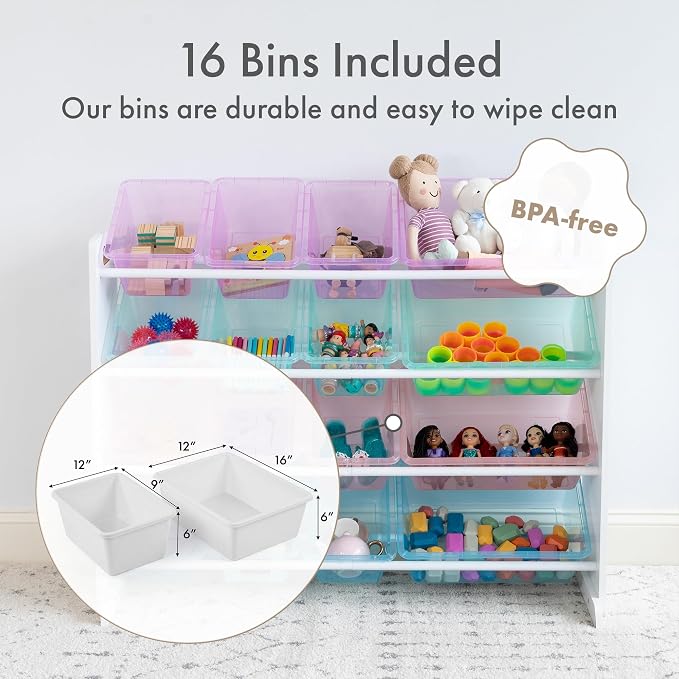Humble Crew Kids Toy Organizer with 16 Bins, 4 Tier Storage for Playroom | Sturdy wood and steel toddler shelf, removable BPA-free containers, wall anchor anti-tip safety kit for bedroom or classroom - Image 3
