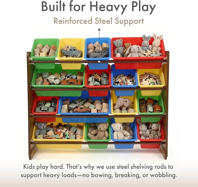 Humble Crew Kids Toy Organizer with 16 Bins, 4 Tier Storage for Playroom | Sturdy wood and steel toddler shelf, removable BPA-free containers, wall anchor anti-tip safety kit for bedroom or classroom - Image 5