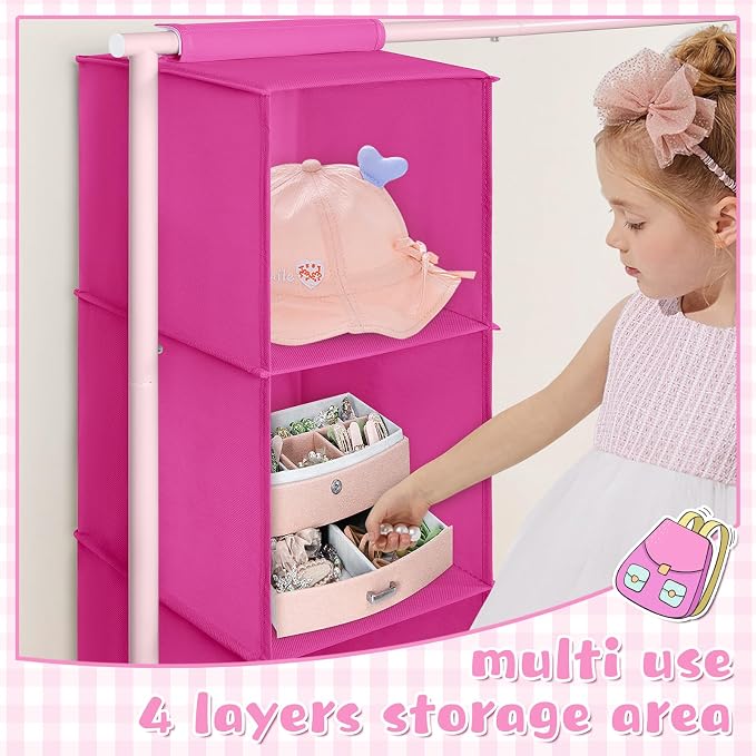 Univivi Kids Clothing Rack with Hanging Organizer, Rose Red and Pink | Toddler Dress Up Storage with Bottom Shelf, Sturdy Metal Dress Up Rack, Toddler Wardrobe Rack for Nursery, Playroom, Bedroom - Image 4