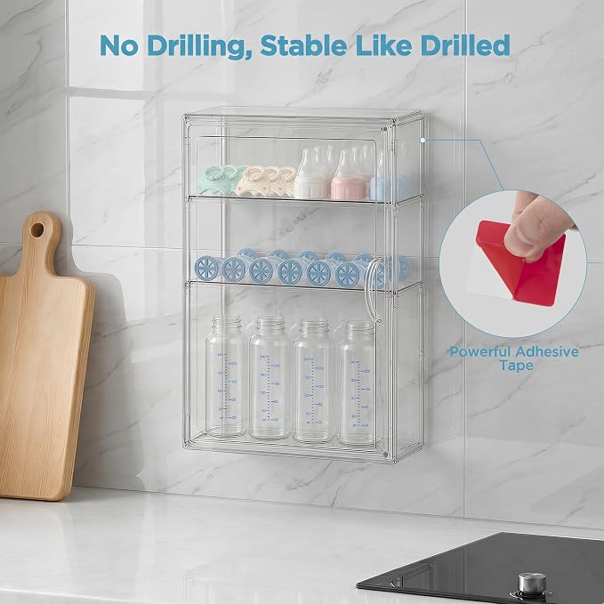 HBlife Baby Bottle Storage Organizer for Wall Countertop Cabinet, 3 Tiers Adjustable Clear Acrylic Bottles Storage Station Case Box Container with 2 Removable Dividers and Magnetic Door, Small - Image 3