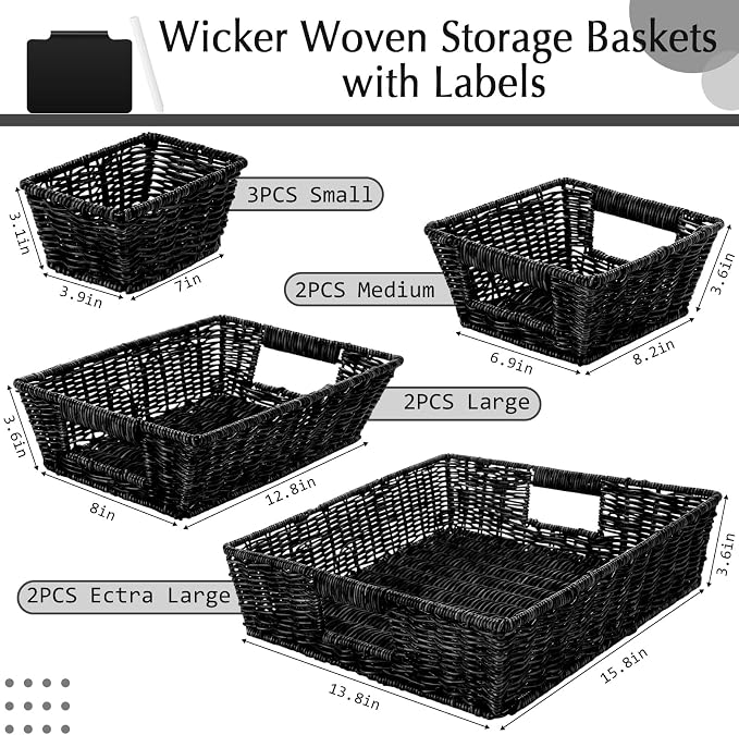 Marsui 9 Pcs Wicker Storage Baskets for Pantry Organization with Handle Labels Handwoven Multi-size Brown Small Organizer Baskets Storage Bins Container for Shelves Closet Toilet Christmas Holiday - Image 2