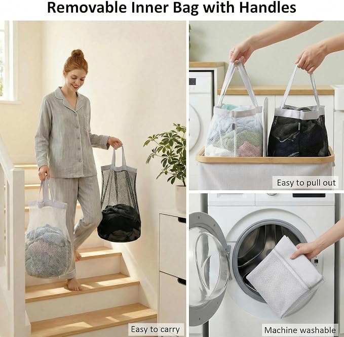 efluky Laundry Hamper with Lid, Double Laundry Basket with 2 Removable Bags, 2 Section Laundry Bin with Bamboo Handles for Bathroom, Bedroom & Laundry Room, 140L (36.9 Gallon) Light Grey - Image 4