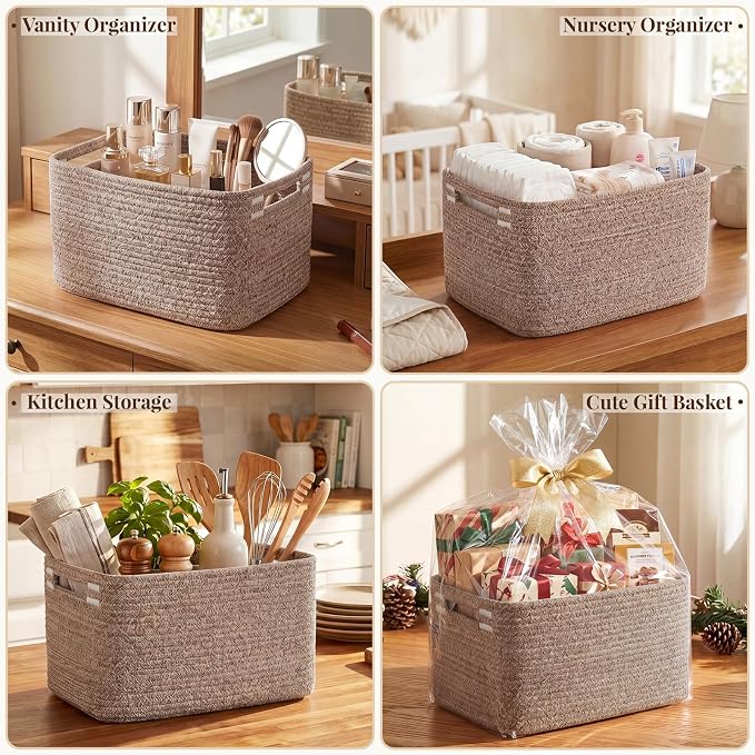 OIASKET 4Packs Natural Cotton Rope Storage Baskets for Organizing Toys, Clothes, Towels & Books, Soft Versatile Organizers for Shelves, Home Decorative Bins, 13''Lx9''Wx7.8''H, Linen Brown - Image 8