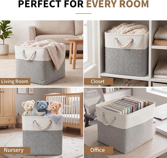 13×15×13 Inch Foldable Fabric Storage Basket with Handles | Large Storage Basket,6 Pack Storage Cubes,Home Organisation Solutions,Closet Storage (White&Gray) - Image 6