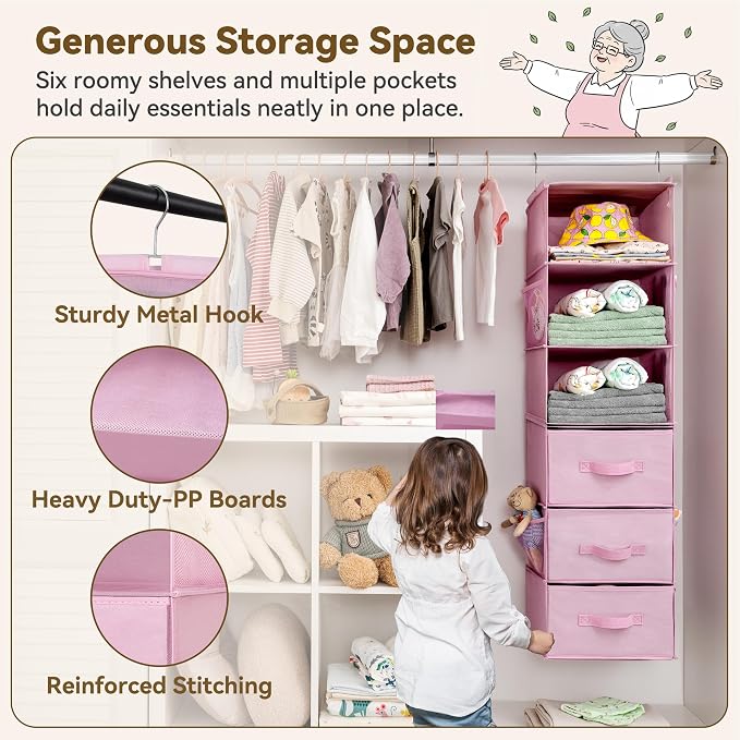 GRANNY SAYS Hanging Closet Organizer, 5 Drawers, 6 Shelves, 6 Pockets, Pink | Hanging Closet Organizer with 5 Different Drawer Designs, 6 Shelves & Reinforced Structure for Organized Small Spaces - Image 5
