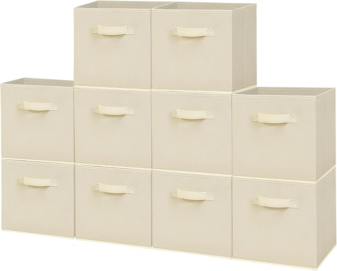 Easi Storage Cubes, 11 Inch Fabric Storage Bins, Set of 10, Foldable Collapsible Cube Organizer with Handles, Closet Shelves Office Nursery Storage, Cubby Storage Bins for Toys Clothes Books, Beige by Unknown