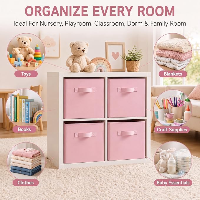Yinder 4 Pcs Cube Storage Bin, Light Pink 14''x10''x8'' Storage Cubes | Kids Classroom Playroom Decor, Pink Bins, Foldable Baskets for Nursery Organizer Boxes Fabric Boxes - Image 5