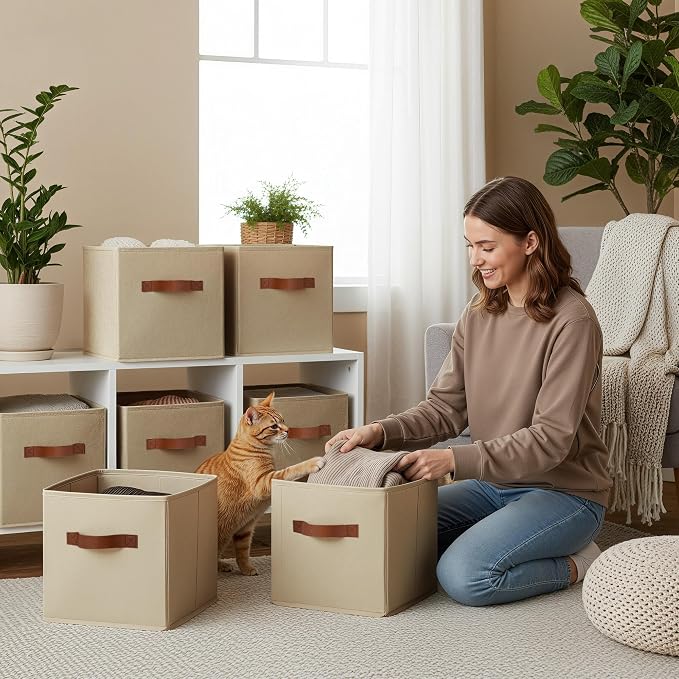 GRANNY SAYS Cube Storage Bins, 11 Inch Cube Organizers, Khaki, 6-Pack | Collapsible Storage Boxes with Thickened Base Plate, Sturdy Handles, Decorative Baskets for Shelves, Closet - Image 2