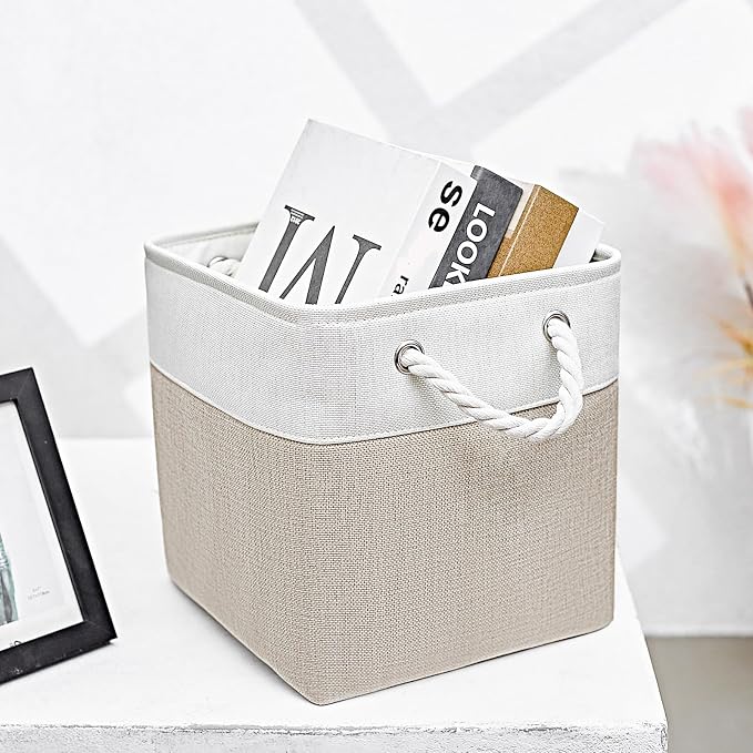 Fabric Storage Cubes 13 x 13, Collapsible Storage Bins for Shelf Baskets, Cube Storage Organizer White Beige Bins with Cotton Handles,Foldable Storage Bin box,Cube Storage Bin 6 Pack - Image 5