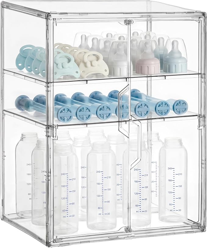 HBlife Baby Bottle Storage Organizer for Countertop Cabinet, 3 Tiers Adjustable Clear Acrylic Bottles Storage Station Case Box Container with 2 Removable Dividers and Magnetic Double Door, X-Large by HBlife