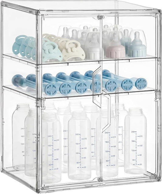 HBlife Baby Bottle Storage Organizer for Countertop Cabinet, 3 Tiers Adjustable Clear Acrylic Bottles Storage Station Case Box Container with 2 Removable Dividers and Magnetic Double Door, X-Large by HBlife