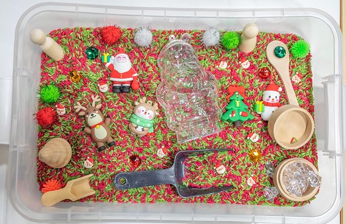Christmas Sensory Bin Kit for Kids | Christmas Theme Red & Green Rice, Xmas Accessories, Santa Claus & Wooden Tools – Includes Clear Storage Bin - Image 6