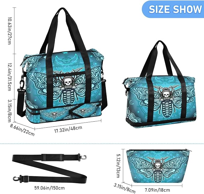 Travel Duffel Tote Bag Butterfly Skull Boho Sports Duffel Bag with Wet Pocket Weekender Overnight Bag for Women Men Gym Bag, Carry On Bag Hospital Bag for Labor and Delivery - Image 2
