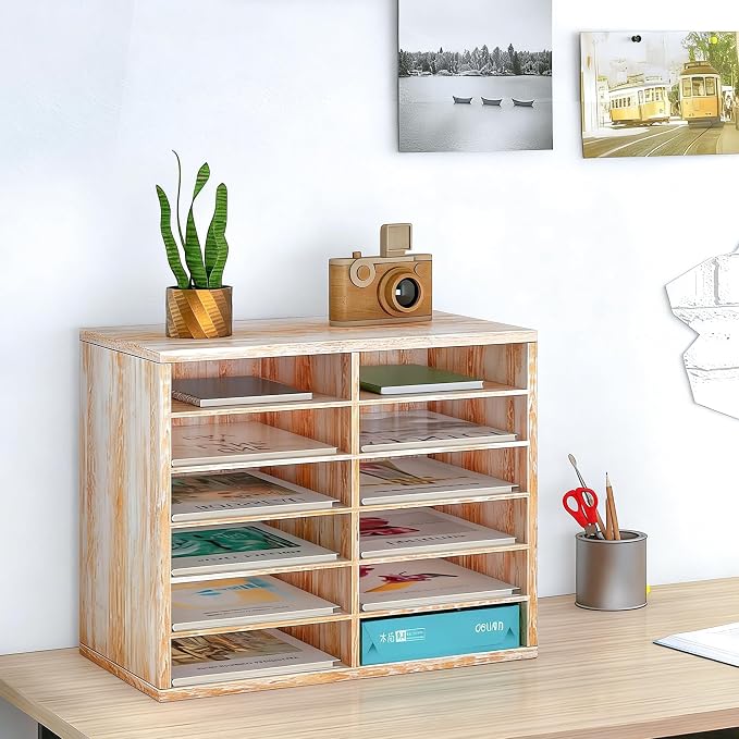 TQVAI Wood Literature Organizer, 12 Slots, Retro White | Holds 6000 Sheets A4 Papers, Adjustable Shelves, Mailbox Cubbies, For Office Home Classroom - Image 2